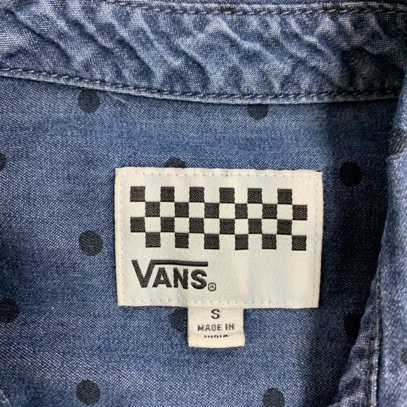 VANS Shirt Womens S Small Indigo Polka Dot Denim So Rowdy Droptail Spread Collar - Picture 7 of 13